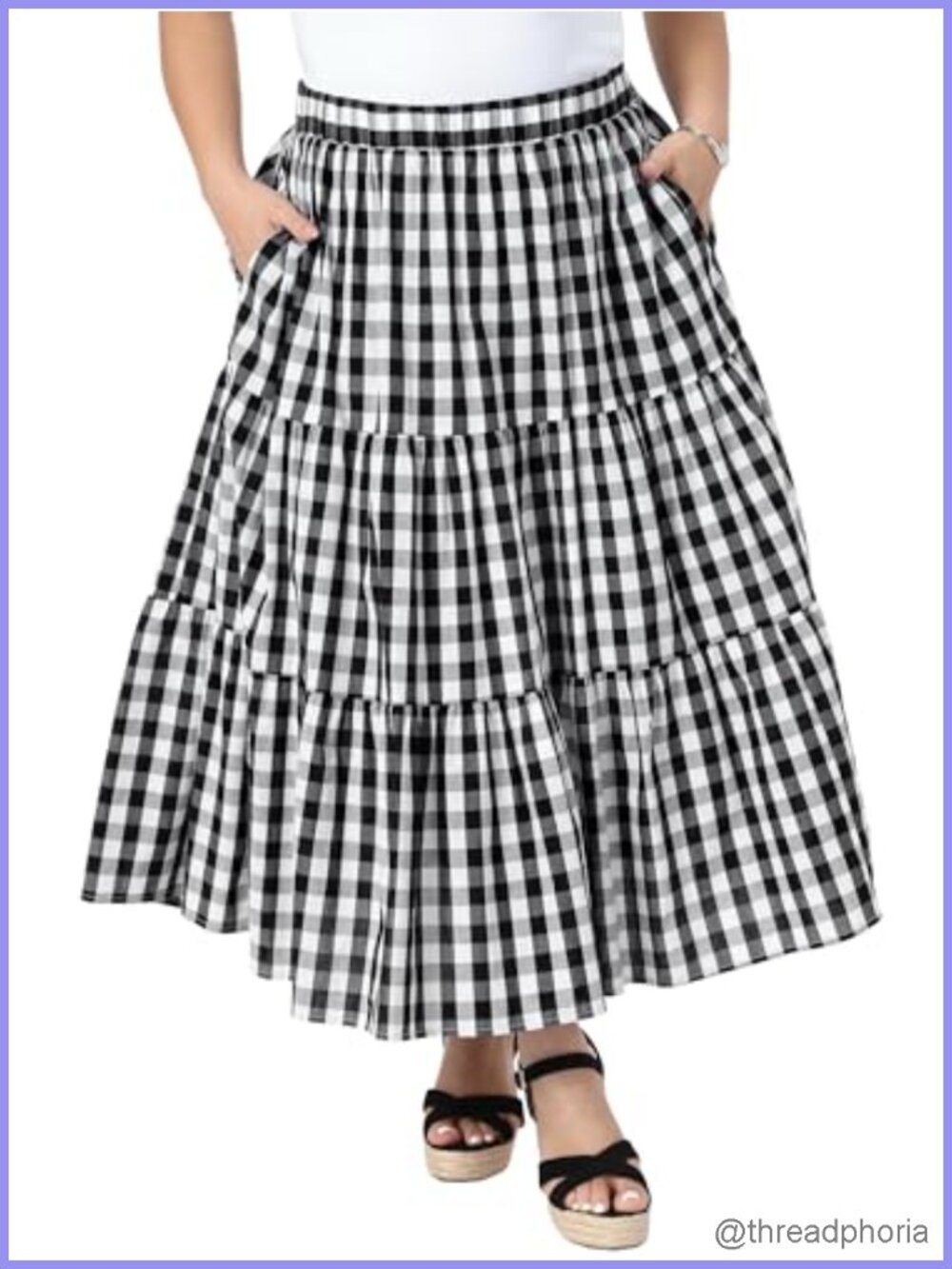 Plus Size Tiered Gingham Maxi Skirt A-Line Cotton Flowy 1950s Vintage